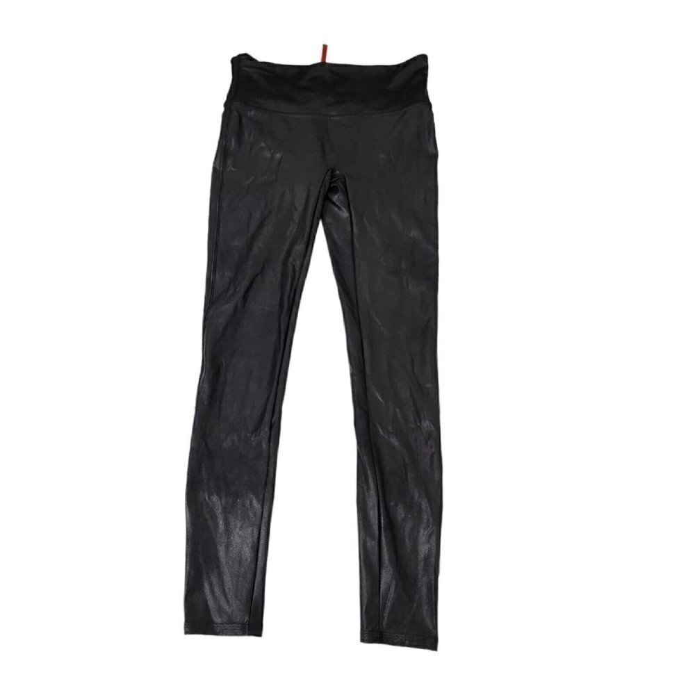 Spanx Leggings Medium Black Faux Vegan Leather Stretch High Rise Full Length‎